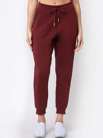 Women Cotton Blend Maroon Solid Joggers