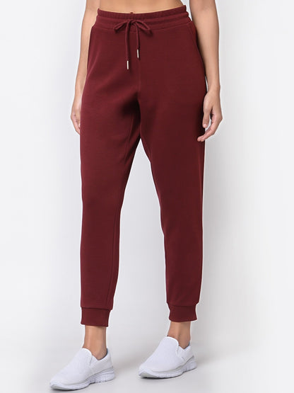 Women Cotton Blend Maroon Solid Joggers